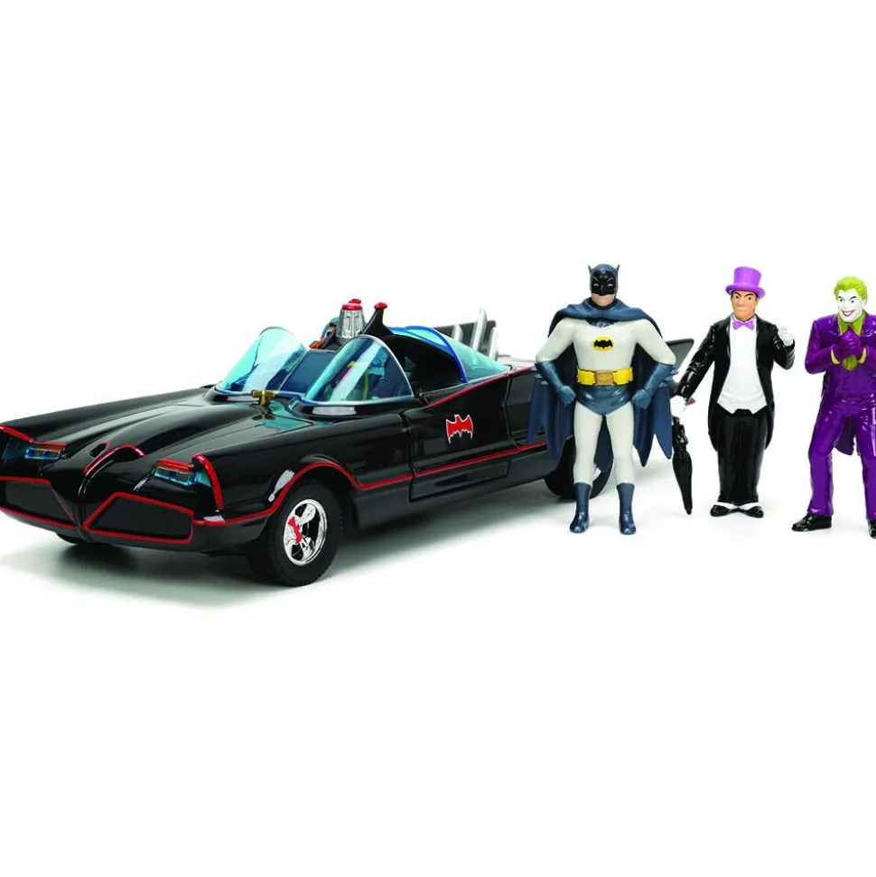 1966 Batmobile w/Batman, Robin Penguin & Joker Figures 1:24 Scale Diecast Model Car by Jada Toys