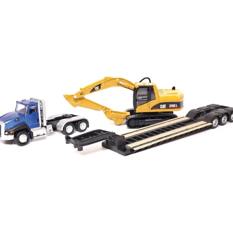 Cat CT660 Day Cab Tractor, Lowboy Trailer & Caterpillar 315C L Excavator 1:87 Scale Diecast Construction Model by Diecast Masters