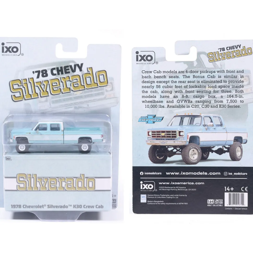 1978 Chevrolet Silverado K30 Crew Cab Fleetside Lifted - Light Blue and Frost White 1:64 Scale Diecast Model Truck by IXO Models