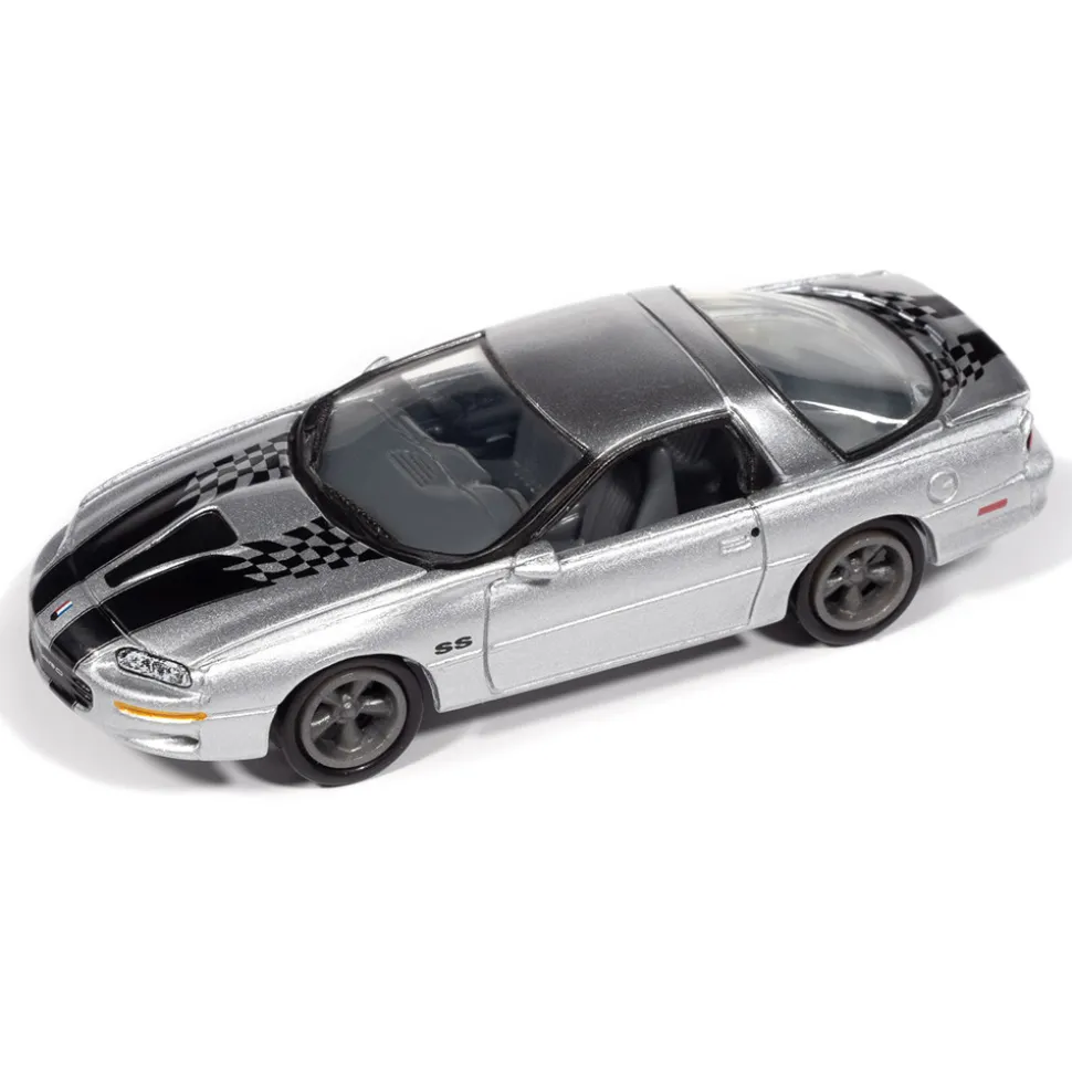 2002 Chevy Camaro SS 35th Anniversary w/Tin - Silver w/Black Stripes 1:64 Scale Diecast Model Car by Johnny Lightning