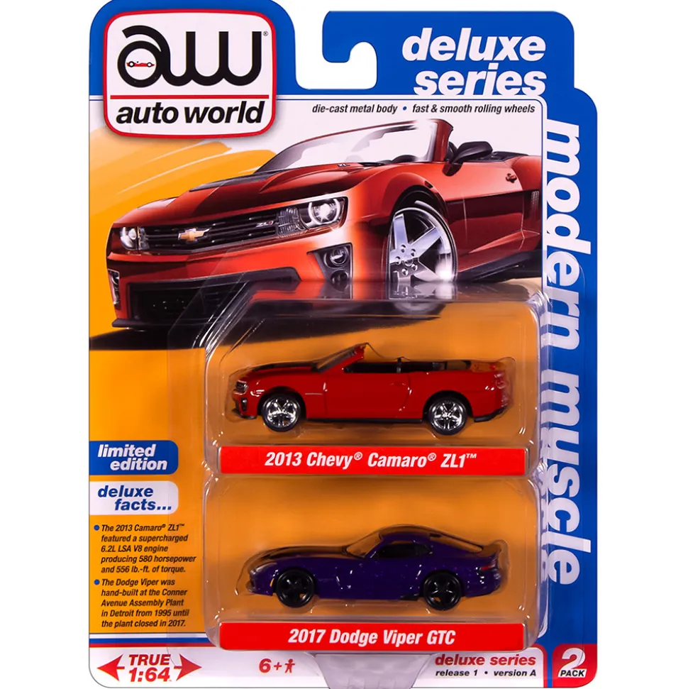 2013 Chevy Camaro ZL1 Convertible & 2017 Dodge Viper Modern Muscle 2Pack A - Orange & Purple 1:64 Scale Diecast Model Car by Auto World