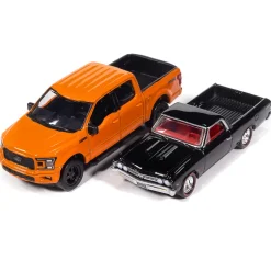 1967 Chevy El Camino SS Custom & 2020 Ford F-150 PICKUPS 2Pack B - Black & Orange 1:64 Scale Diecast Model Truck by Auto World