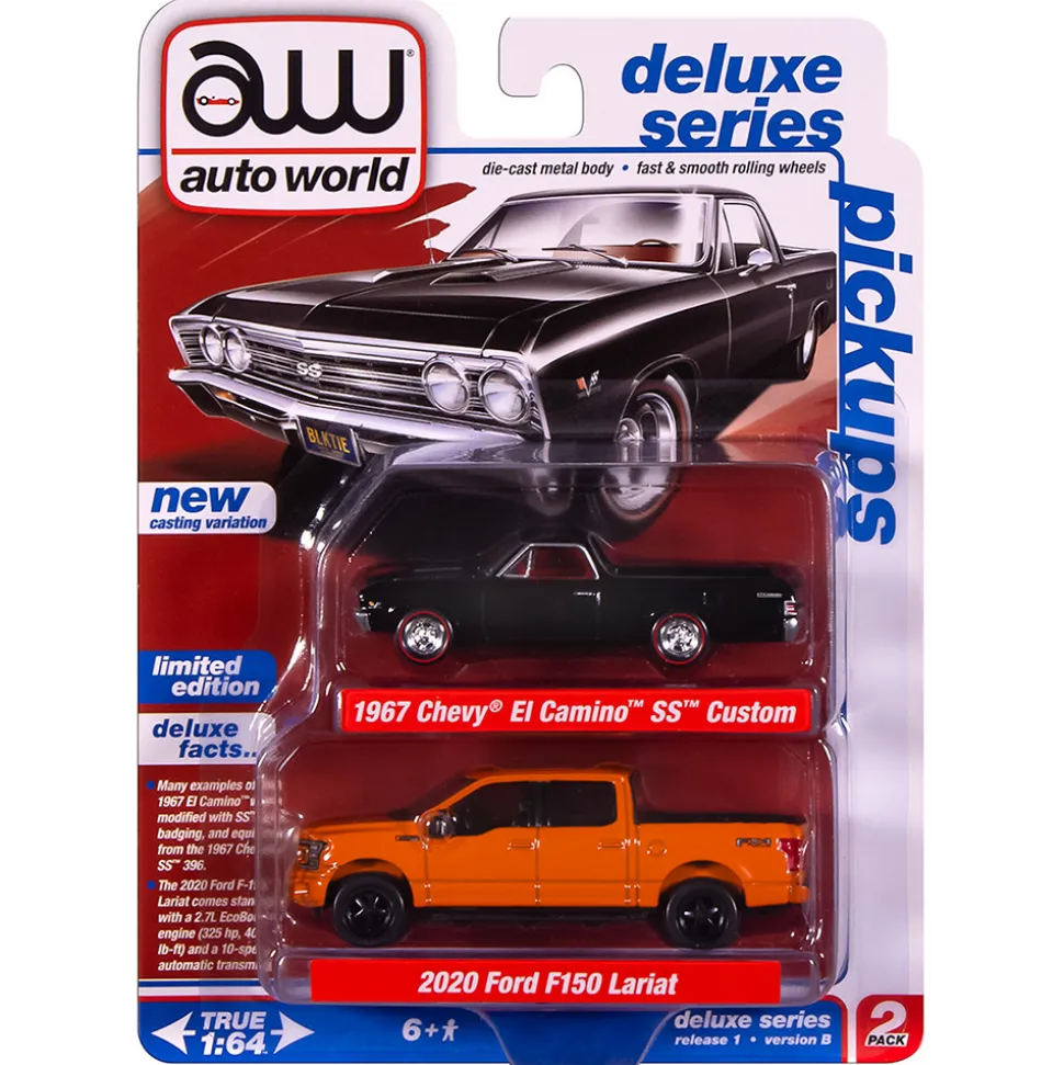 1967 Chevy El Camino SS Custom & 2020 Ford F-150 PICKUPS 2Pack B - Black & Orange 1:64 Scale Diecast Model Truck by Auto World