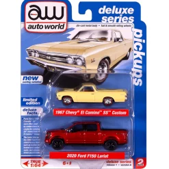 1967 Chevy El Camino SS Custom & 2020 Ford F-150 PICKUPS 2Pack A - Yellow & Red 1:64 Scale Diecast Model Truck by Auto World