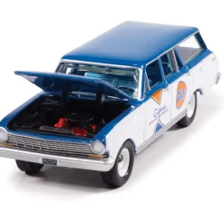 1963 Chevy II Wagon Gulf - White w/Dark Blue Roof & Gulf Graphics 1:64 Scale Diecast Model Truck by Auto World