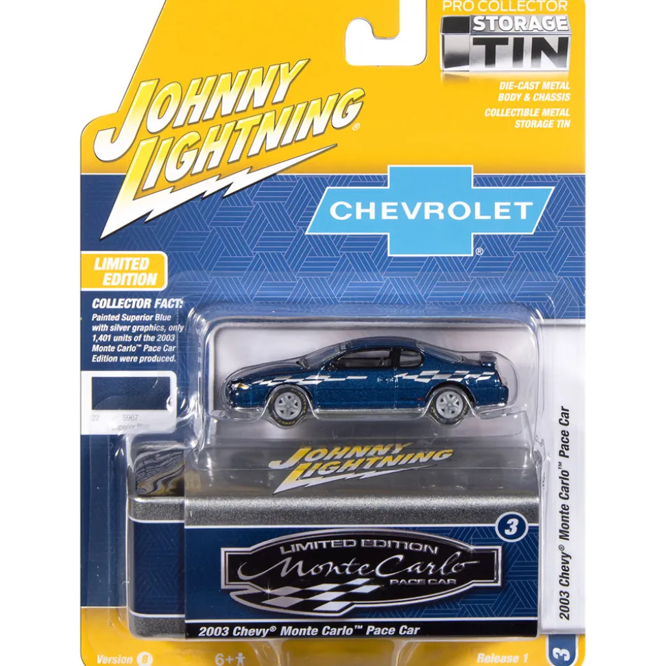 2002 Chevy Monte Carlo Pace Edition w/Tin - Superior Blue w/Silver Graphics 1:64 Scale Diecast Model Car by Johnny Lightning