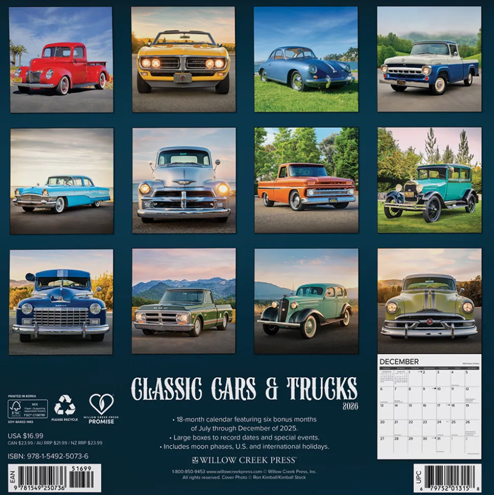 Classic Cars and Trucks 2026 Wall Calendar Stapled Wall Calendar by Willow Creek Press, Inc.