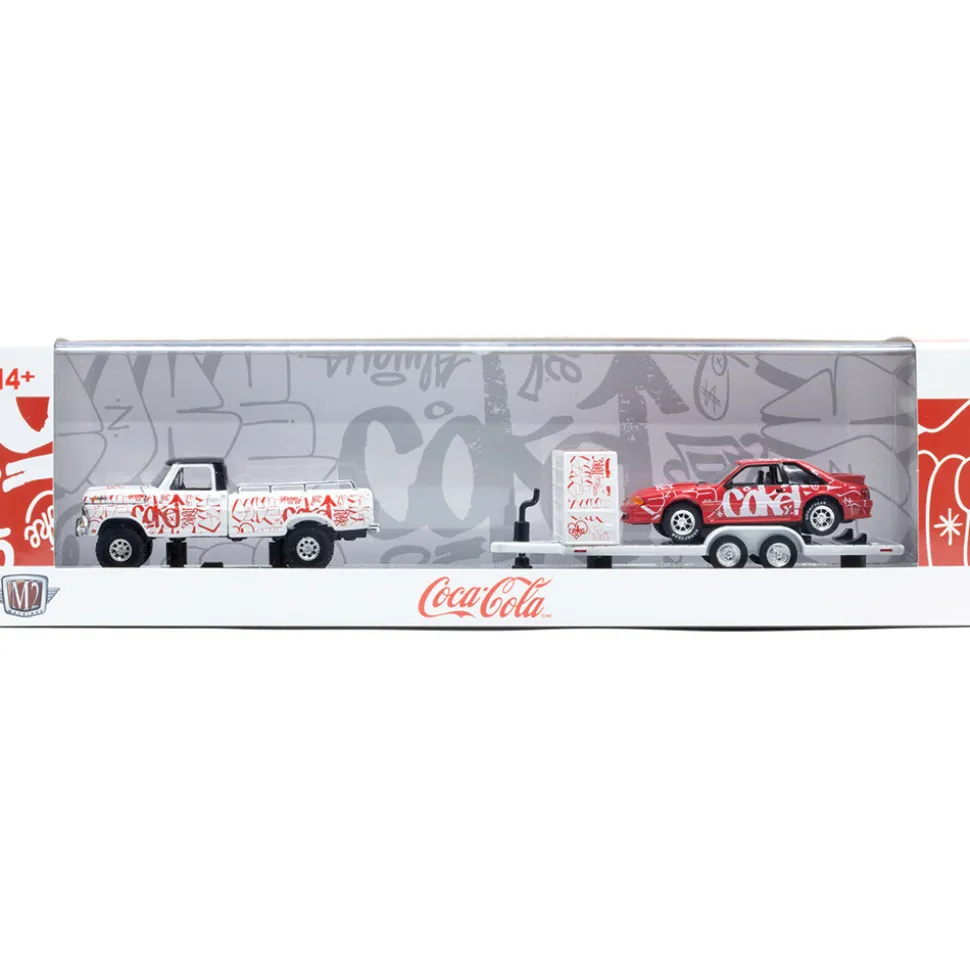 Coca-Cola 1969 Ford F-100 Ranger 4X4 & 1990 Ford Mustang GT with Trailer 1:64 Scale Diecast Model Truck by M2 Machines
