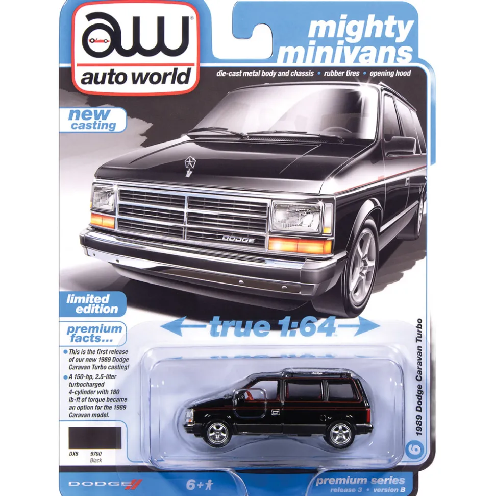 1989 Dodge Caravan Turbo - Black w/Dark Quartz Gray Lower & Red Pin Stripe 1:64 Scale Diecast Model Car by Auto World