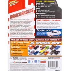1971 Dodge Challenger Pro Stock-Red & 1970 Plymouth Cuda Super Stock Ram Chargers-White 1:64 Scale Diecast Model Car by Johnny Lightning