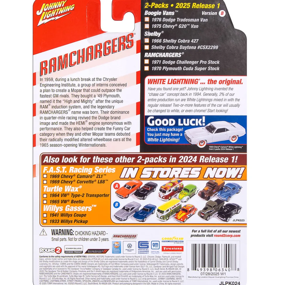 1971 Dodge Challenger Pro Stock-Red & 1970 Plymouth Cuda Super Stock Ram Chargers-White 1:64 Scale Diecast Model Car by Johnny Lightning