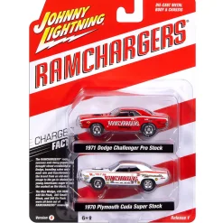 1971 Dodge Challenger Pro Stock-Red & 1970 Plymouth Cuda Super Stock Ram Chargers-White 1:64 Scale Diecast Model Car by Johnny Lightning