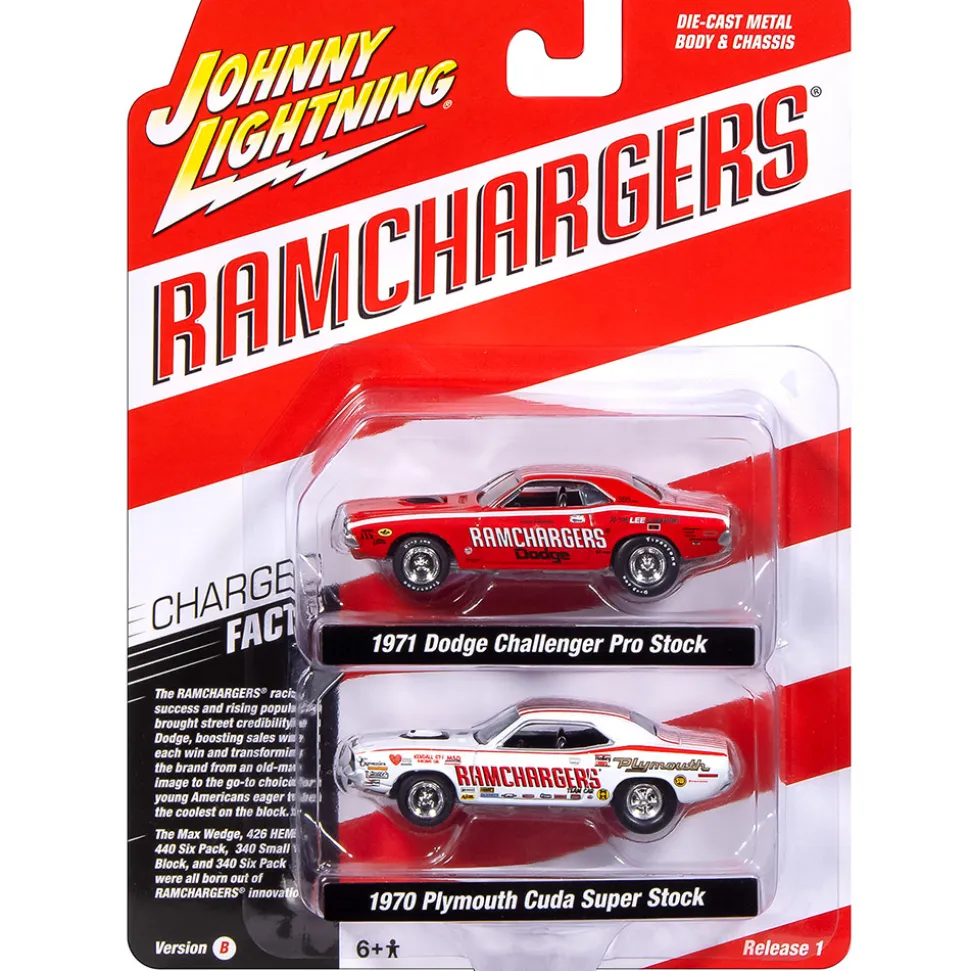 1971 Dodge Challenger Pro Stock-Red & 1970 Plymouth Cuda Super Stock Ram Chargers-White 1:64 Scale Diecast Model Car by Johnny Lightning