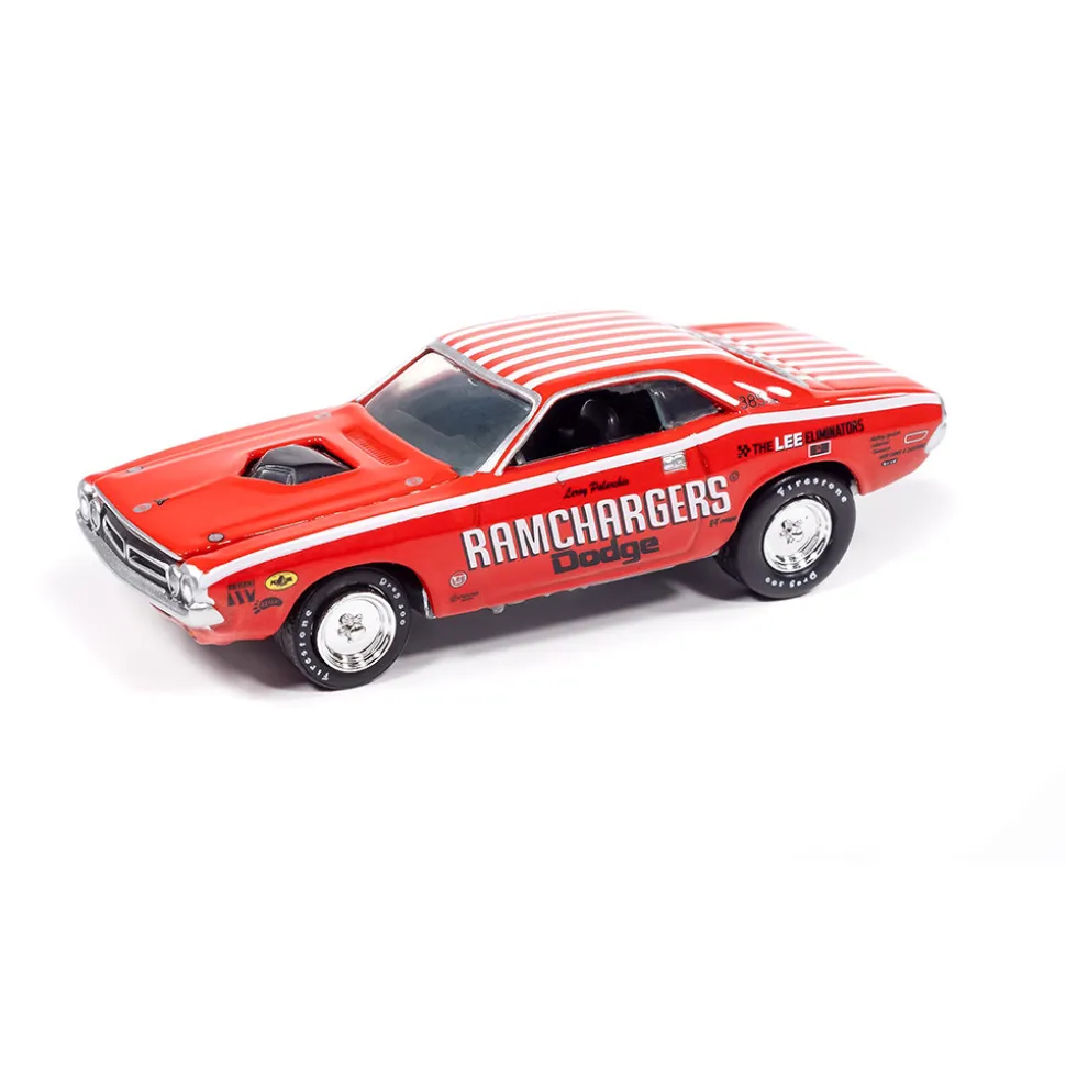 1971 Dodge Challenger Pro Stock-Red & 1970 Plymouth Cuda Super Stock Ram Chargers-White 1:64 Scale Diecast Model Car by Johnny Lightning