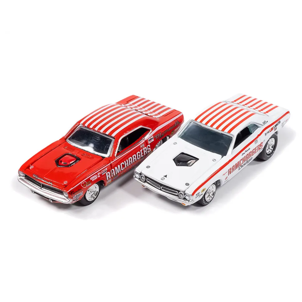 1971 Dodge Challenger Pro Stock-White & 1970 Plymouth Cuda Super Stock Ram Chargers-Red 1:64 Scale Diecast Model Car by Johnny Lightning
