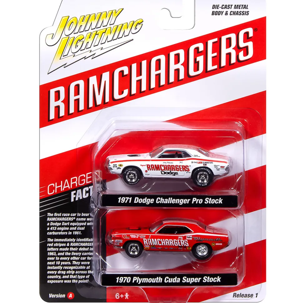 1971 Dodge Challenger Pro Stock-White & 1970 Plymouth Cuda Super Stock Ram Chargers-Red 1:64 Scale Diecast Model Car by Johnny Lightning