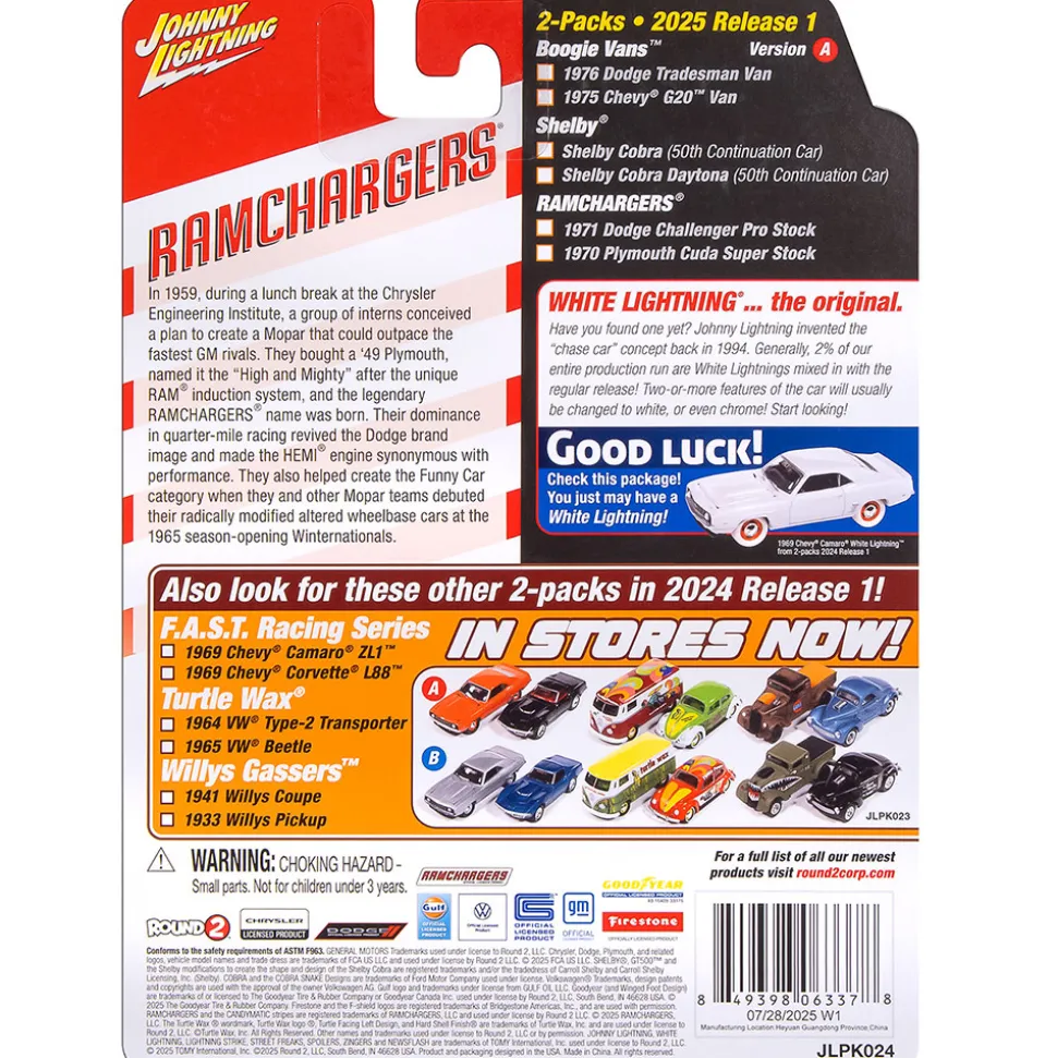 1971 Dodge Challenger Pro Stock-White & 1970 Plymouth Cuda Super Stock Ram Chargers-Red 1:64 Scale Diecast Model Car by Johnny Lightning