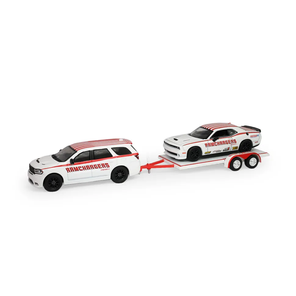 2018 Dodge Durango & 2016 Dodge Challenger SRT Hellcat with Flatbed Trailer 1:64 Scale Diecast Model Truck by Greenlight