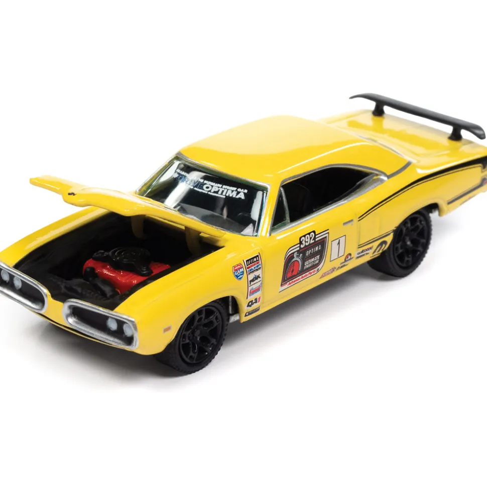 1970 Dodge Super Bee - Banana w/Optima Ultimate Street Car Race Graphics & Black Super Bee C Stripe 1:64 Scale by Johnny Lightning