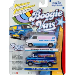 1976 Dodge Tradesman Van & 1975 Chevy G20 Van Boogie Vans - White+Purple 1:64 Scale Diecast Model Truck by Johnny Lightning