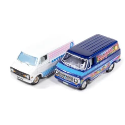 1976 Dodge Tradesman Van & 1975 Chevy G20 Van Boogie Vans - White+Purple 1:64 Scale Diecast Model Truck by Johnny Lightning