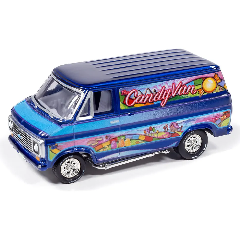 1976 Dodge Tradesman Van & 1975 Chevy G20 Van Boogie Vans - White+Purple 1:64 Scale Diecast Model Truck by Johnny Lightning