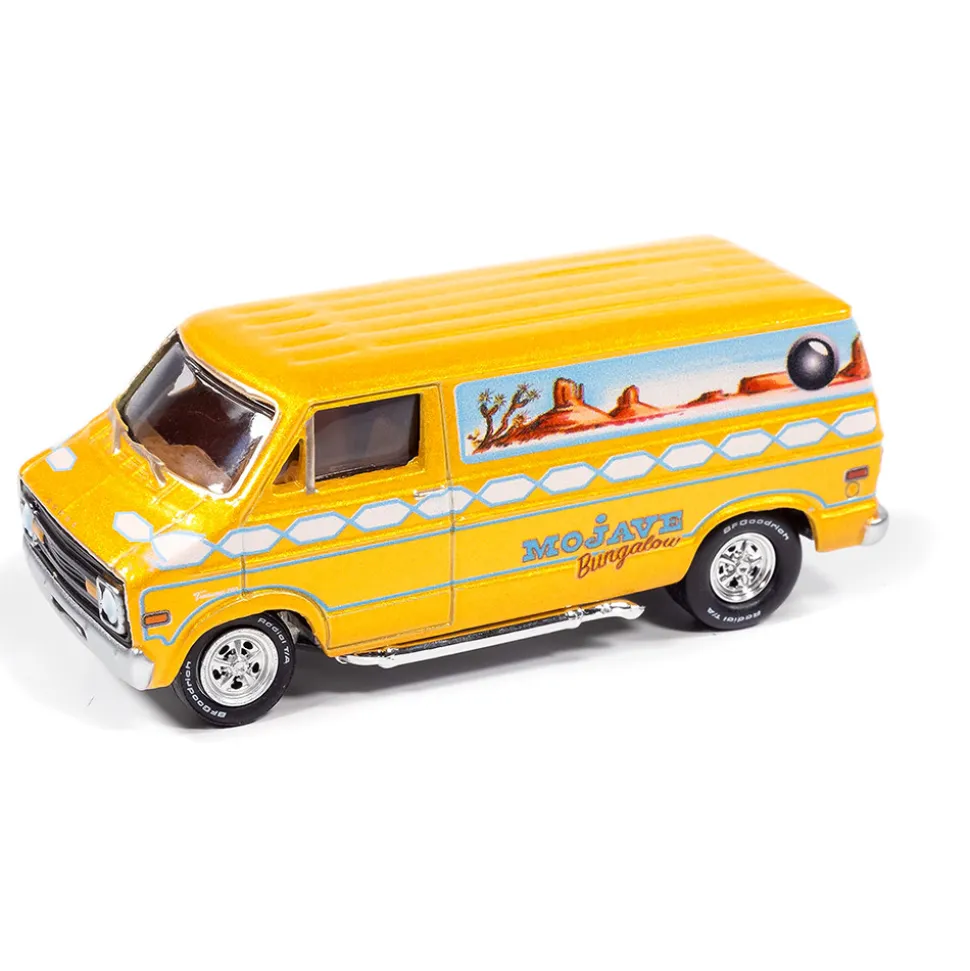 1976 Dodge Tradesman Van & 1975 Chevy G20 Van Boogie Vans - Yellow+Pink 1:64 Scale Diecast Model Truck by Johnny Lightning