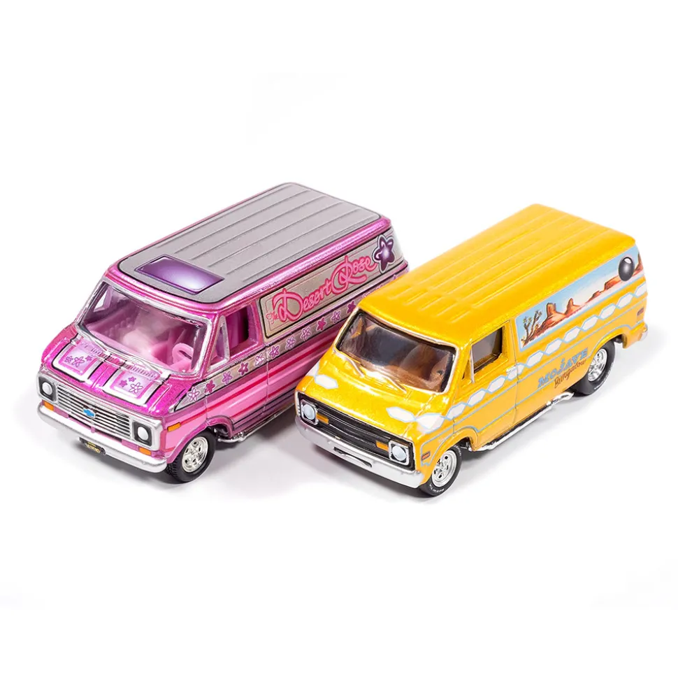 1976 Dodge Tradesman Van & 1975 Chevy G20 Van Boogie Vans - Yellow+Pink 1:64 Scale Diecast Model Truck by Johnny Lightning