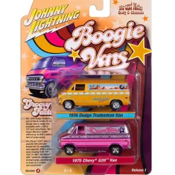 1976 Dodge Tradesman Van & 1975 Chevy G20 Van Boogie Vans - Yellow+Pink 1:64 Scale Diecast Model Truck by Johnny Lightning