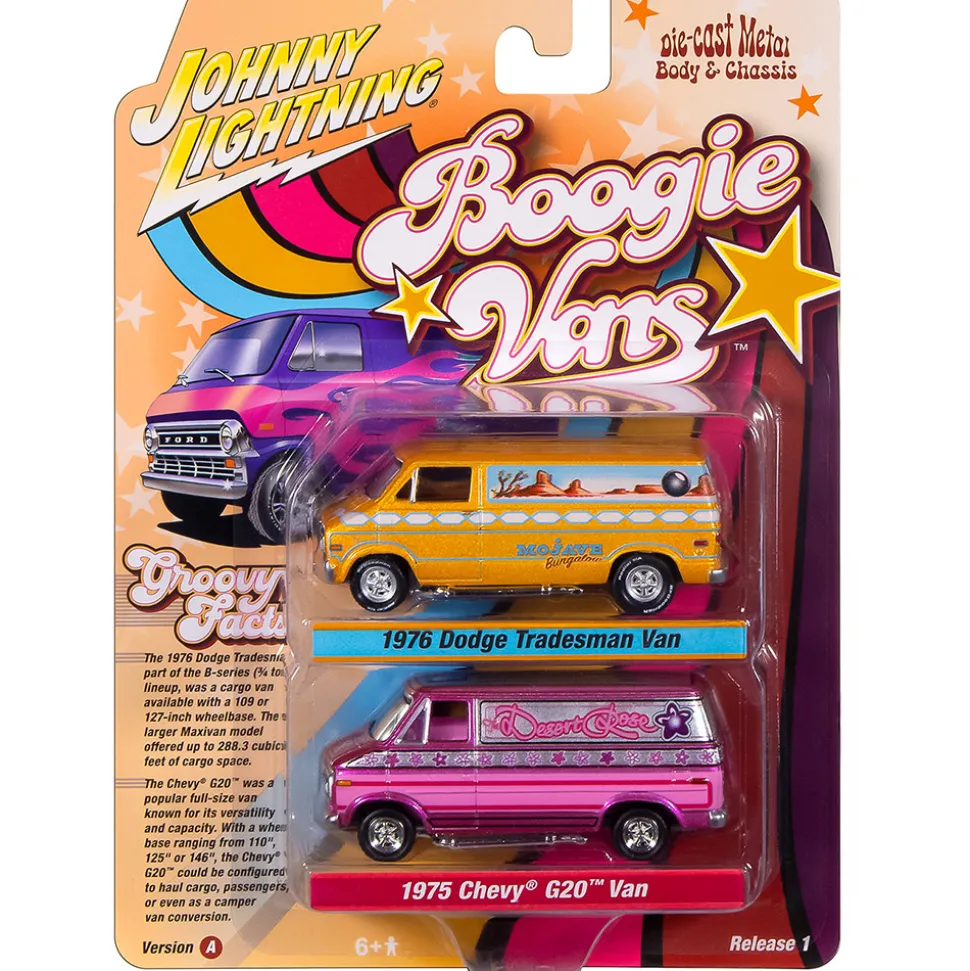 1976 Dodge Tradesman Van & 1975 Chevy G20 Van Boogie Vans - Yellow+Pink 1:64 Scale Diecast Model Truck by Johnny Lightning