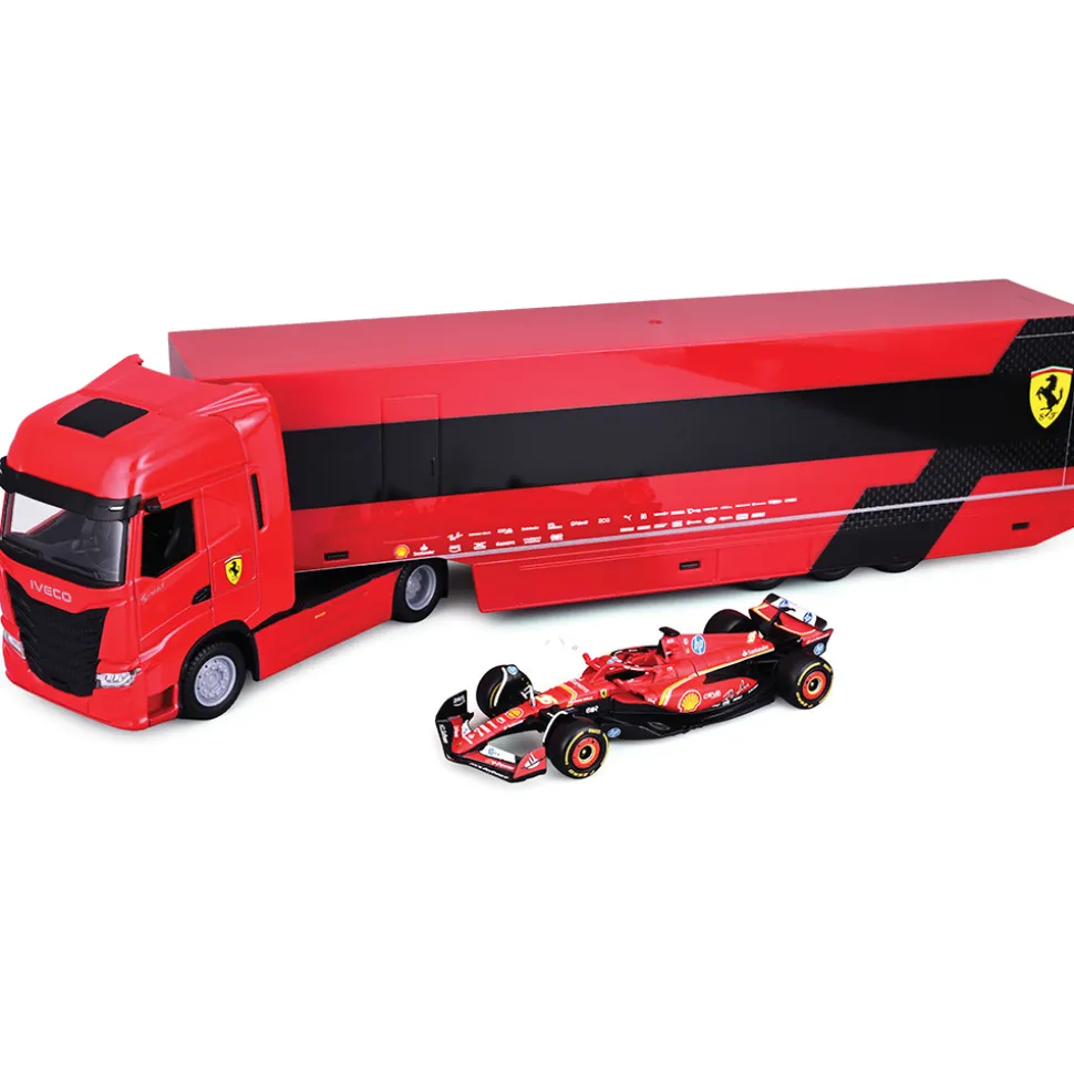 Ferrari Iveco Cab F1 Transporter & + 1 SFR SF23 F1 Car - Leclerc #16 1:43 Scale Diecast Replica Model by Bburago