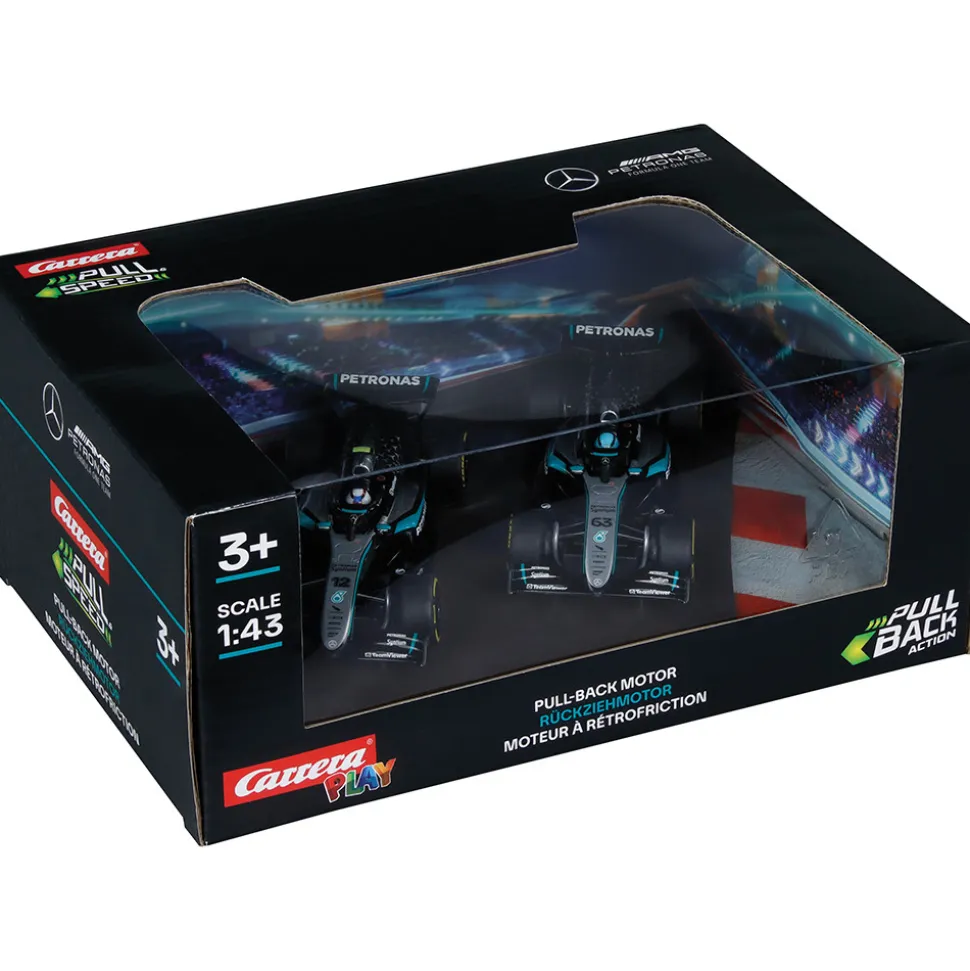 F1 Mercedes-AMG PETRONAS Formula One Team #63 Russel & #12 Antonelli Pull & Speed Twinpack 1:43 Scale Plastic Model Car by Carrera