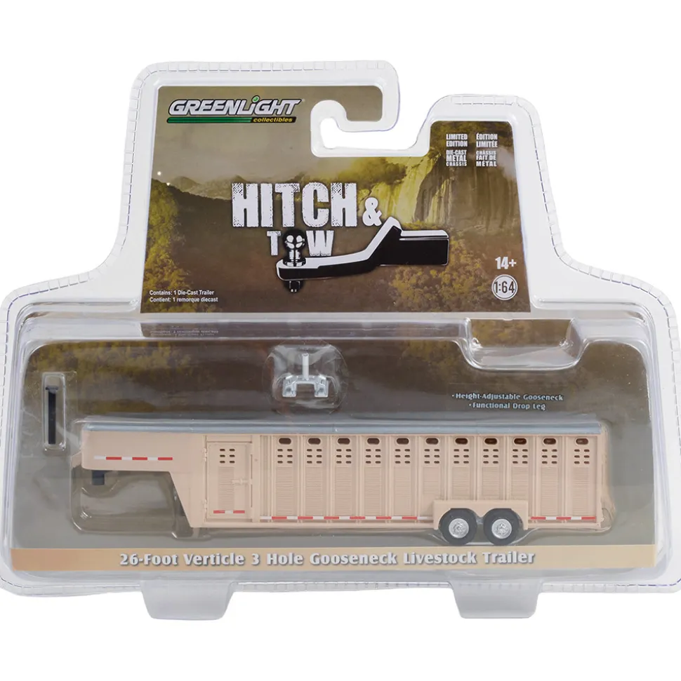 26-Foot Vertical Three Hole Gooseneck Livestock Trailer - Tan 1:64 Scale Diecast Model Truck by Greenlight