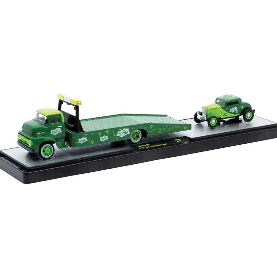1956 Ford COE Ramp Truck & 1932 Ford Deuce Coupe - Sprite 1:64 Scale Diecast Model Truck by M2 Machines