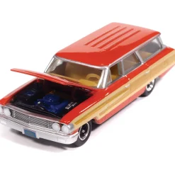 1964 Ford Country Squire - Poppy Red w/Honey-Colored Wood Trim 1:64 Scale Diecast Model Car by Auto World
