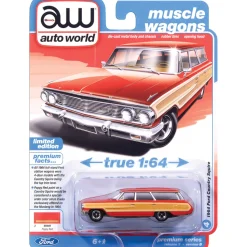 1964 Ford Country Squire - Poppy Red w/Honey-Colored Wood Trim 1:64 Scale Diecast Model Car by Auto World