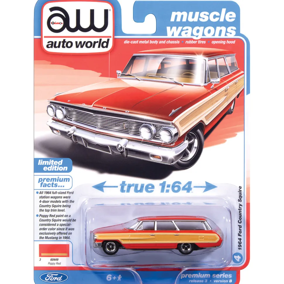 1964 Ford Country Squire - Poppy Red w/Honey-Colored Wood Trim 1:64 Scale Diecast Model Car by Auto World