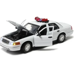 2001 Ford Crown Victoria White Police Car with Lights & Sound 1:18 Scale Diecast Model Car by Motormax