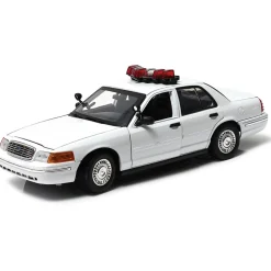 2001 Ford Crown Victoria White Police Car with Lights & Sound 1:18 Scale Diecast Model Car by Motormax