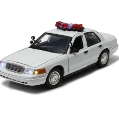 2001 Ford Crown Victoria White Police Car with Lights & Sound 1:18 Scale Diecast Model Car by Motormax