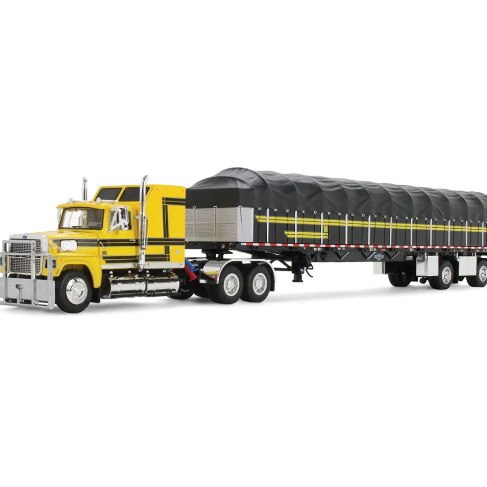 Ford LTL 9000 with 60" Aerodyne Sleeper & 53' Wilson Roadbrute Flatbed Trailer with Covered Wagon 1:64 Scale Diecast Model Truck by Diecast Promotions