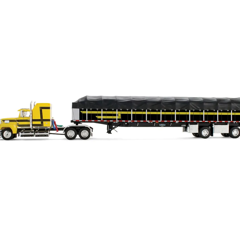 Ford LTL 9000 with 60" Aerodyne Sleeper & 53' Wilson Roadbrute Flatbed Trailer with Covered Wagon 1:64 Scale Diecast Model Truck by Diecast Promotions