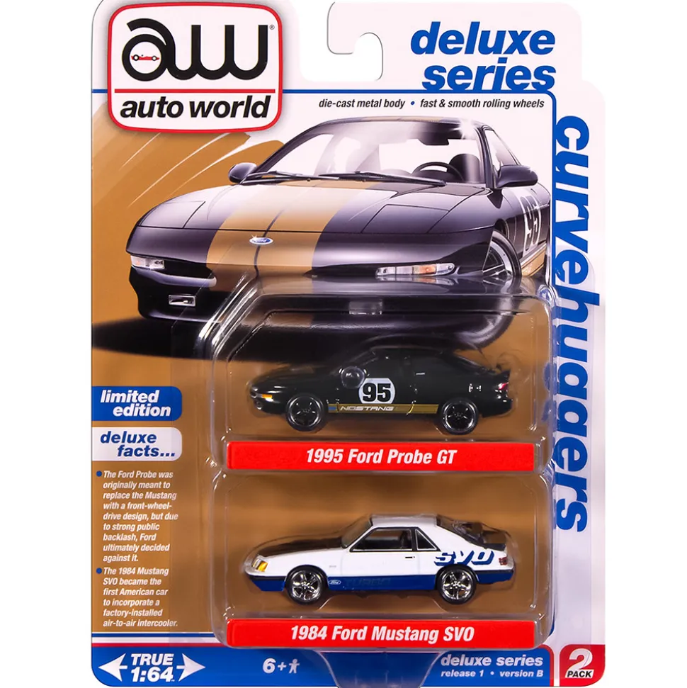 1995 Ford Probe GT & 1984 Ford Mustang SVO Curve Huggers 2Pack B - Black & White 1:64 Scale Diecast Model Car by Auto World