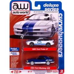 1995 Ford Probe GT & 1984 Ford Mustang SVO Curve Huggers 2Pack A - White & Blue 1:64 Scale Diecast Model Car by Auto World