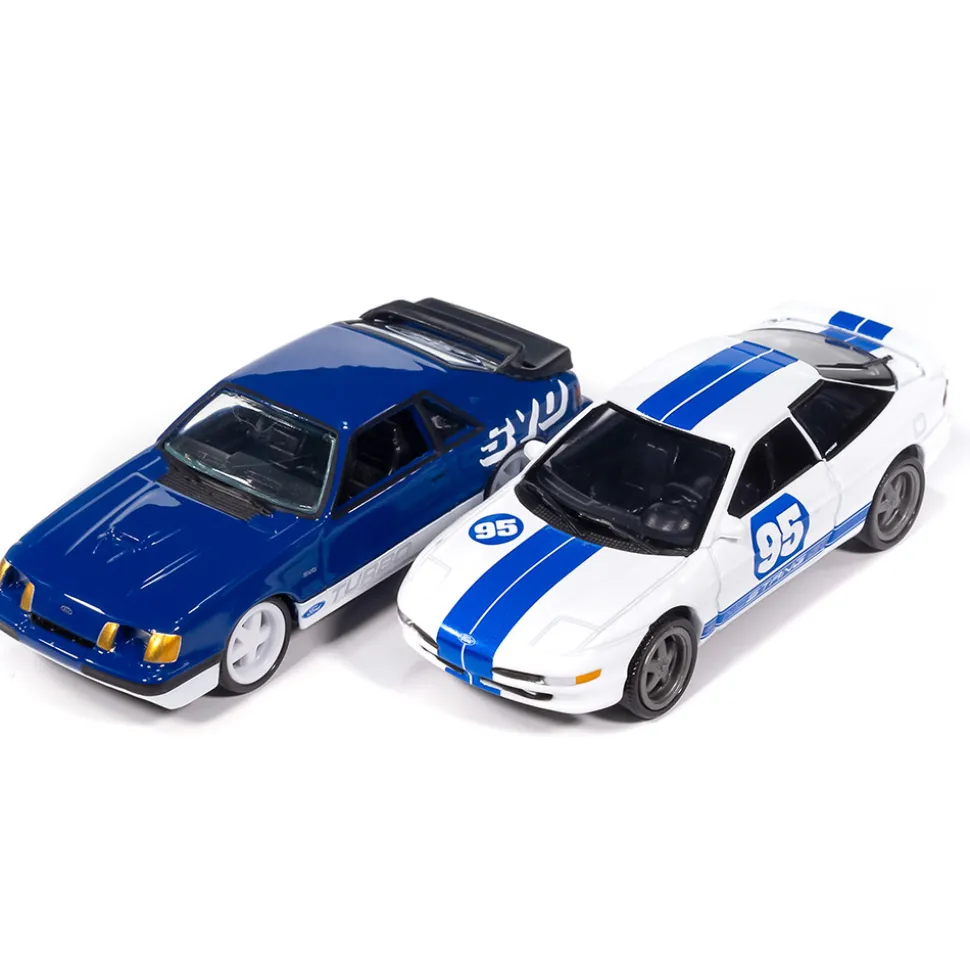 1995 Ford Probe GT & 1984 Ford Mustang SVO Curve Huggers 2Pack A - White & Blue 1:64 Scale Diecast Model Car by Auto World