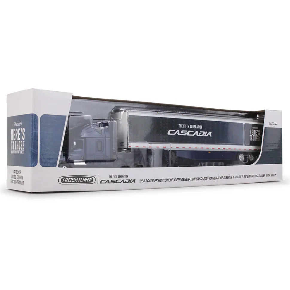 Freightliner® Fifth Gen Cascadia Raised Roof Sleeper & 53' Utility Trailer w/Skirts 1:64 Scale Diecast Model Truck by Diecast Promotions