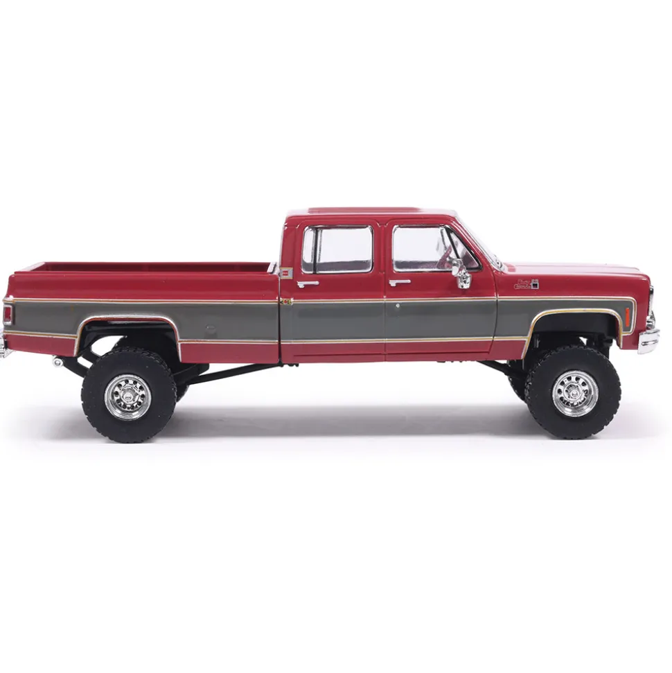 1977 GMC Sierra Grande K2500 Crew Cab Wideside - Dark Red Metallic and Silver Special Two-Tone - Lifted 1:64 Scale Diecast Model Truck by IXO Models