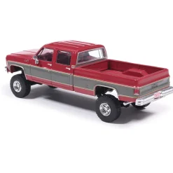 1977 GMC Sierra Grande K2500 Crew Cab Wideside - Dark Red Metallic and Silver Special Two-Tone - Lifted 1:64 Scale Diecast Model Truck by IXO Models