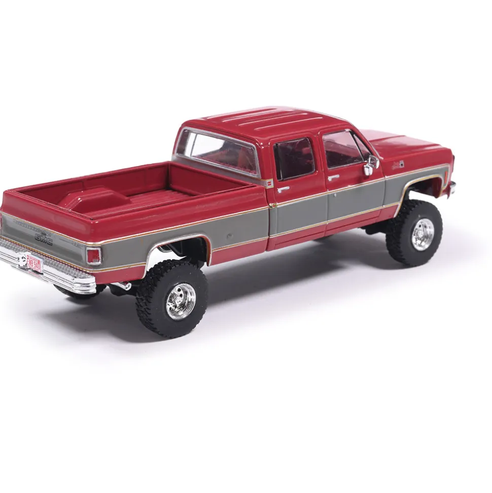 1977 GMC Sierra Grande K2500 Crew Cab Wideside - Dark Red Metallic and Silver Special Two-Tone - Lifted 1:64 Scale Diecast Model Truck by IXO Models