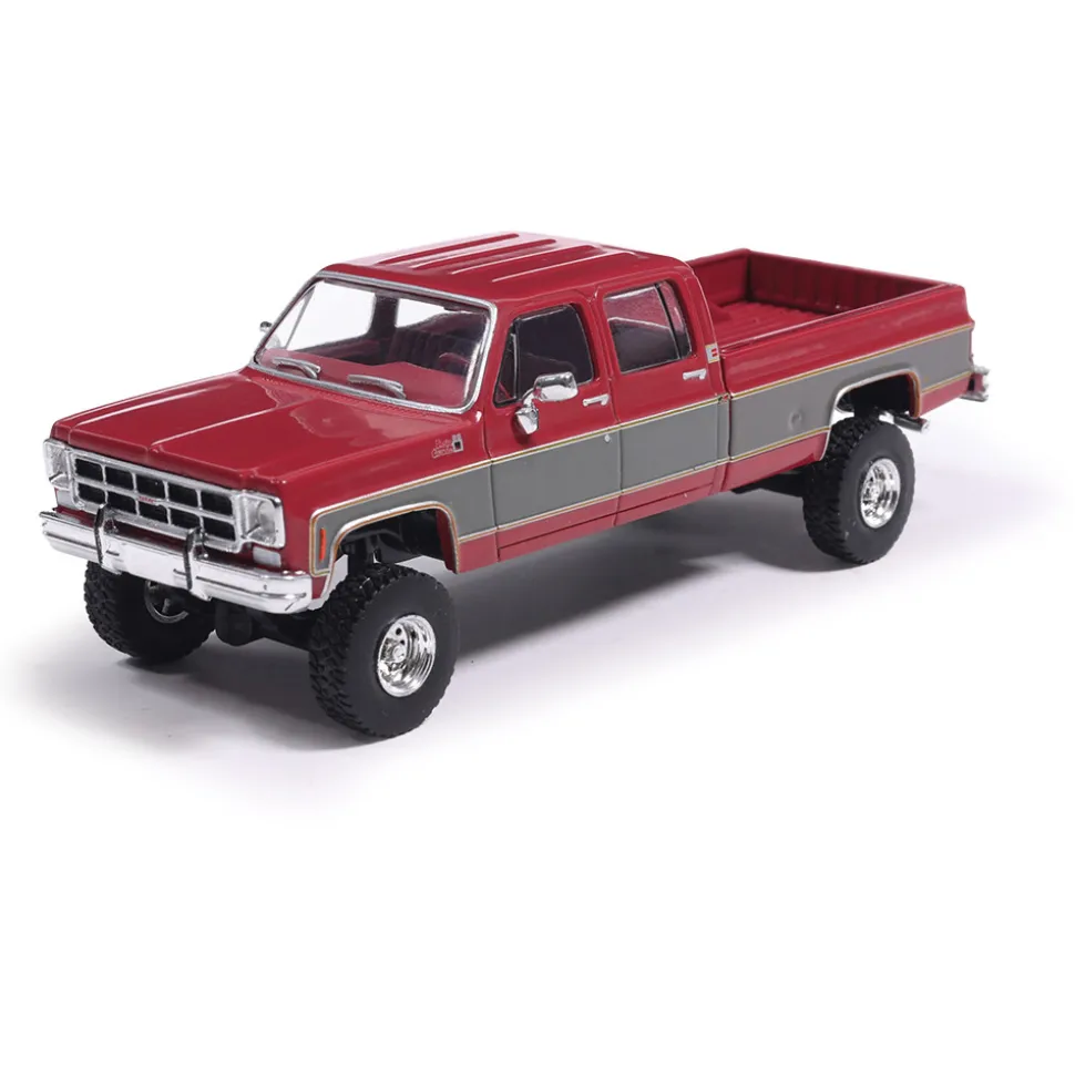 1977 GMC Sierra Grande K2500 Crew Cab Wideside - Dark Red Metallic and Silver Special Two-Tone - Lifted 1:64 Scale Diecast Model Truck by IXO Models